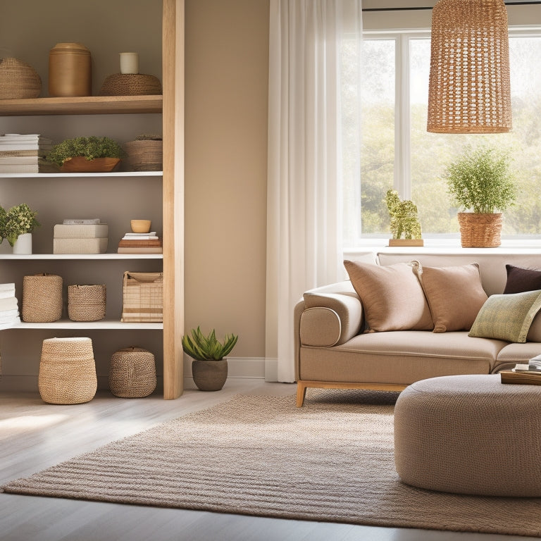 A serene, minimalist living room with a tidy bookshelf, a woven basket storing throw blankets, and a sleek, low-profile storage ottoman, surrounded by plenty of natural light.