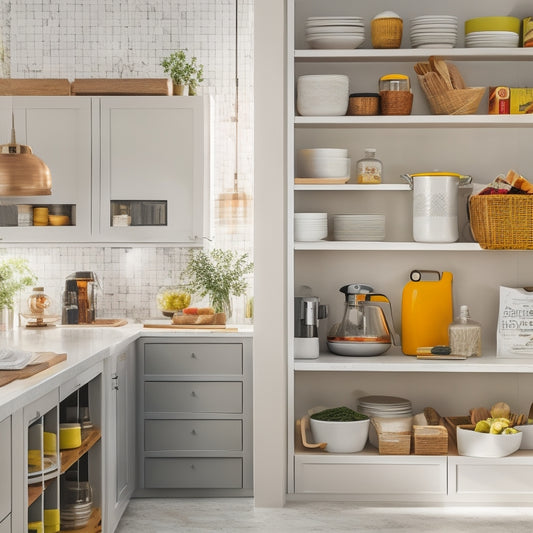 A bright, modern kitchen with sleek cabinets, featuring adjustable shelf organizers with neatly arranged cookbooks, spices, and utensils in a harmonious, clutter-free arrangement.