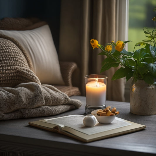 A serene reading nook with a Kindle nestled in a plush throw blanket, surrounded by soft candlelight, steaming cup of hot cocoa, and a vase with fresh flowers.