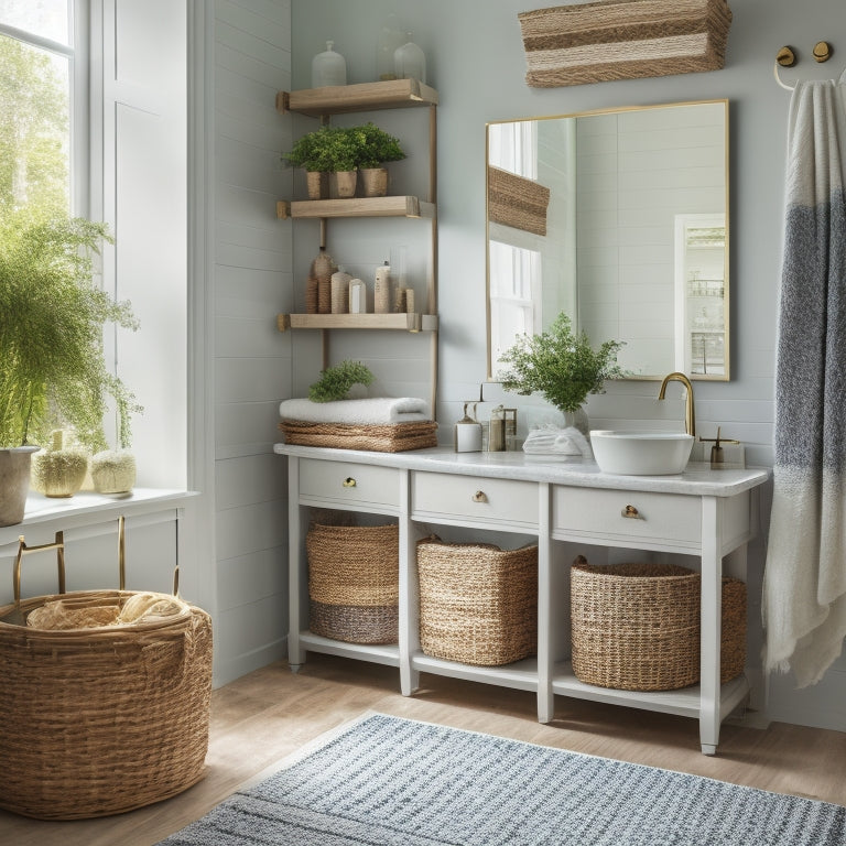 A serene bathroom with a floor-to-ceiling storage cabinet, woven baskets on shelves, a tiered tray near the sink, and a woven rug in a calming color palette.