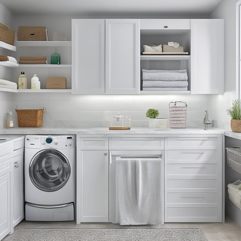 A tidy, modern laundry room with a sleek under-sink organizer, featuring three pull-out drawers, a slide-out laundry sorter, and a hanging rod, set against a crisp white background.