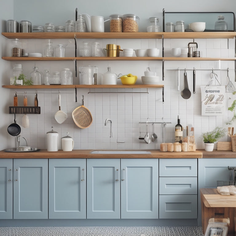 A tidy kitchen with a U-shaped counter, featuring a wall-mounted pegboard with hanging utensils, a tiered spice rack, and a slide-out trash can, surrounded by minimal decorations and plenty of negative space.