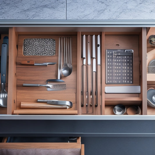 A beautifully organized kitchen drawer with soft-close glides, featuring a custom pegboard backing, adjustable dividers, and a utensil organizer with a built-in knife block and spice rack.