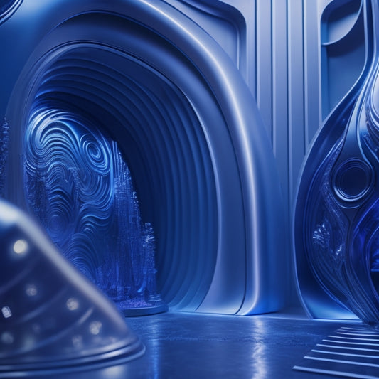 A futuristic, metallic backdrop with gleaming zinc sculptures in various shapes and sizes, illuminated by soft, blue-purple lighting, surrounded by subtle, swirling mist.