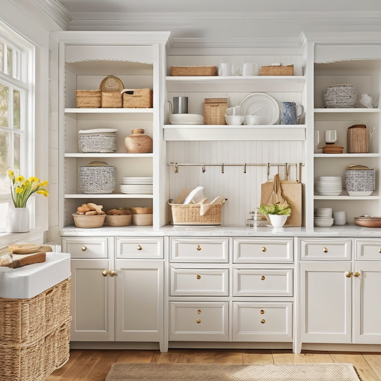 A bright and airy kitchen with cream-colored cabinets, featuring a pull-out pantry with baskets, a utensil organizer on the back of a door, and a tidy stack of plates on a shelf.