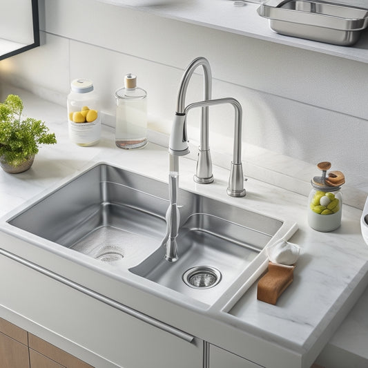 A tidy kitchen sink area with a stainless steel sink, white countertop, and a sleek organizer system consisting of a built-in soap dispenser, sponge holder, and utensil tray in a modern, minimalist style.