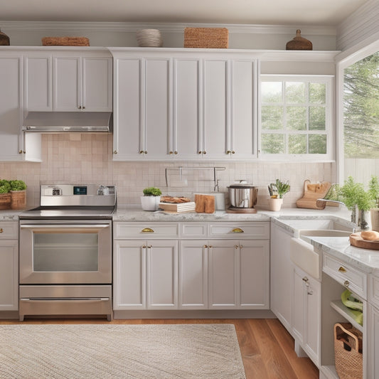 A tidy kitchen with cream-colored cabinets, warm wood accents, and stainless steel appliances, featuring a custom organizer system with adjustable shelves, baskets, and dividers in soft pastel hues.