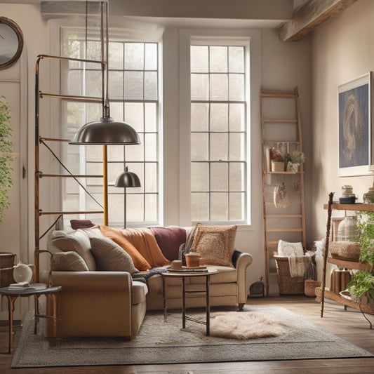 A warm and inviting living room with a ladder leaning against a wall, surrounded by scattered renovation tools, with a subtle glow of natural light pouring in through a newly installed large window.