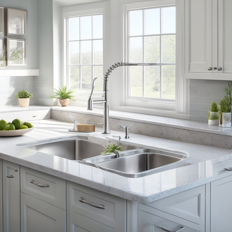 A tidy, well-lit kitchen sink area with a slide-out trash can, a stainless steel pedestal sink, and a matching faucet, surrounded by sleek, white cabinets and a gray quartz countertop.