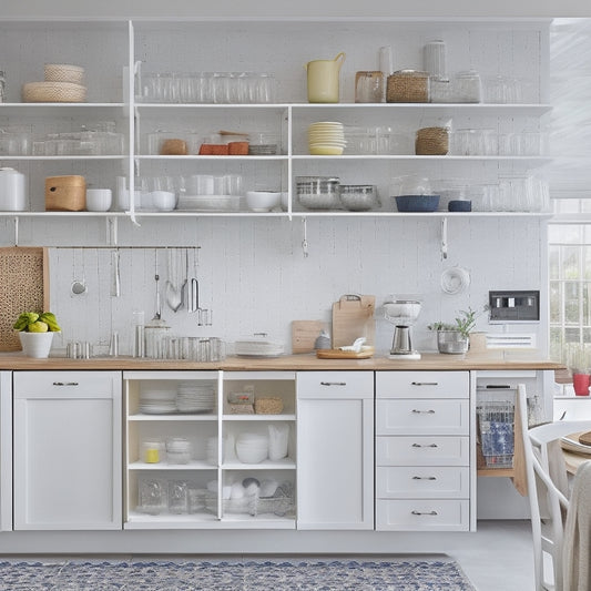 A bright, white, sleek kitchen with a mix of open shelving and closed cabinets, featuring a pegboard with hanging utensils, a pull-out spice rack, and a compact, stainless steel cart with wheels.