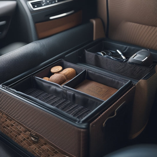 A sleek, black SUV interior with a custom organizer system: woven baskets, leather-trimmed compartments, and a wooden tray, amidst a clutter-free, luxurious atmosphere, with subtle ambient lighting.