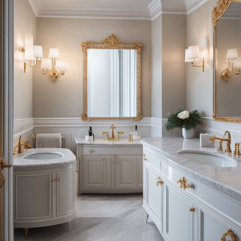 A luxurious bathroom with three elegant sink basins, each with unique fixtures and surrounding decor, set against a calming beige and white marble backdrop with soft, warm lighting.