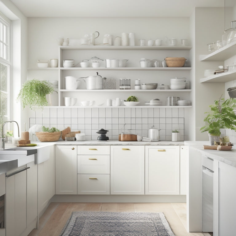 A serene kitchen with soft, natural light, featuring a combination of sleek, white cabinets, and open shelving with neatly arranged cookbooks and minimal, modern kitchen utensils.