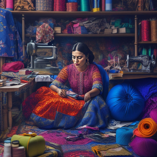 A vibrant, colorful illustration of a woman surrounded by open sewing books, threads, and fabric scraps, with a sewing machine and scissors nearby, amidst a backdrop of swirling, creative patterns.