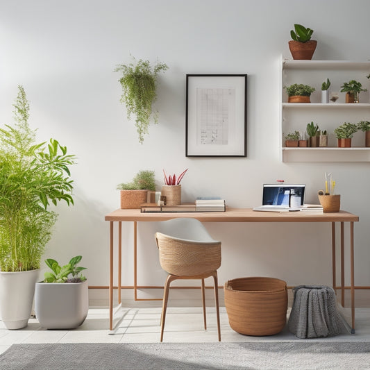 A serene, minimalist workspace with a wooden desk, a sleek white chair, and a few, carefully placed, colorful storage bins and baskets, surrounded by a few, carefully arranged, potted plants.