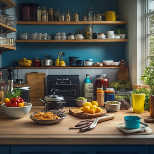 A cluttered kitchen counter with expired food and chaotic utensils transforms into a sleek, organized space with a tablet displaying a kitchen management app, surrounded by tidy shelves and a compost bin.