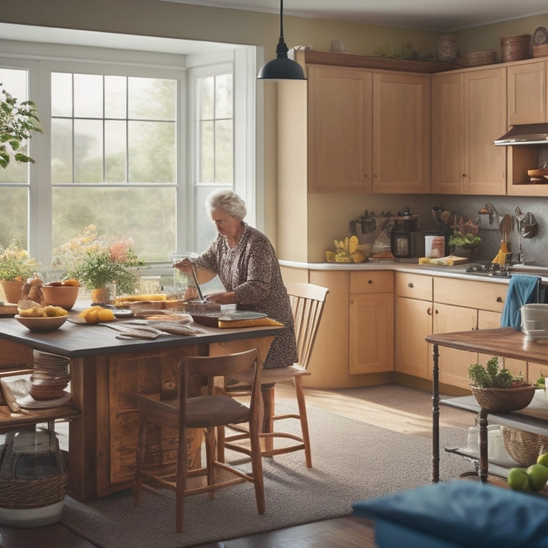 An image depicting a well-organized kitchen with a U-shaped layout, ample natural light, and a mix of seated and standing workstations, featuring a senior adult effortlessly preparing a meal.