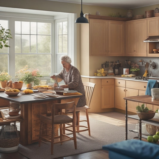 An image depicting a well-organized kitchen with a U-shaped layout, ample natural light, and a mix of seated and standing workstations, featuring a senior adult effortlessly preparing a meal.