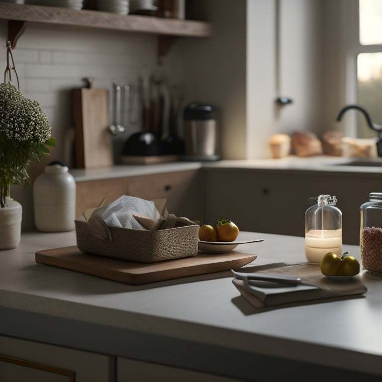 A serene, well-lit kitchen with a tidy countertop, featuring a few neatly arranged shopping bags, a small notebook with a pen, and a minimalist shopping list on a wooden clipboard.