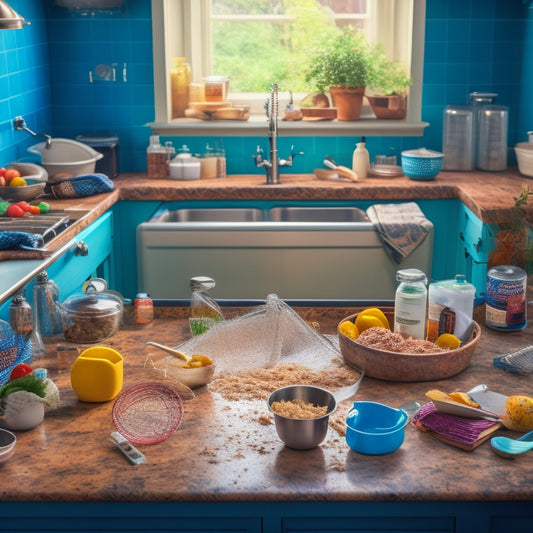 A messy kitchen island sink area with dirty dishes, utensils, and appliances scattered around the sink basin, surrounded by soap suds, crumbs, and spills, with a few drops of water dripping from the faucet.