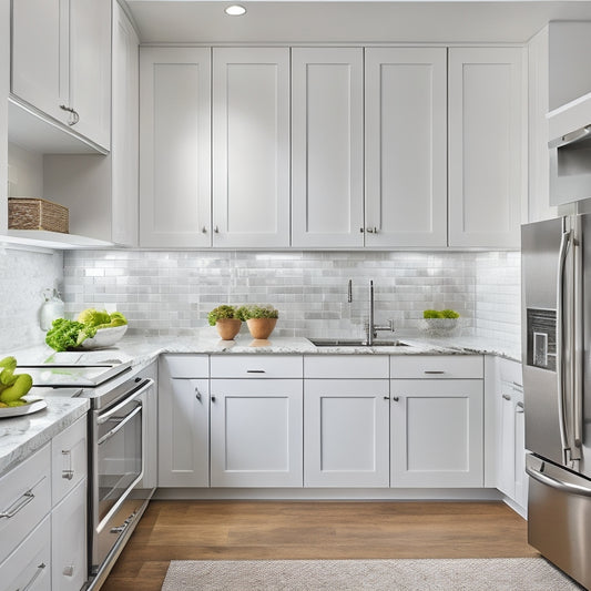 A bright, sleek galley kitchen with white cabinets, stainless steel appliances, and a marble backsplash, featuring a pull-out trash can, a spice rack on the side of a cabinet, and a magnetic knife strip.