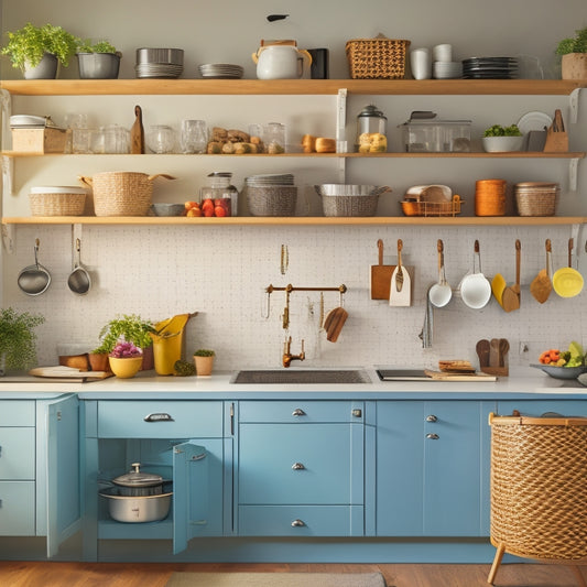 A clutter-free kitchen with a wall-mounted pegboard holding utensils, a slide-out trash can, and a kitchen cart with labeled baskets and a built-in utensil organizer, amidst a warm and inviting lighting.