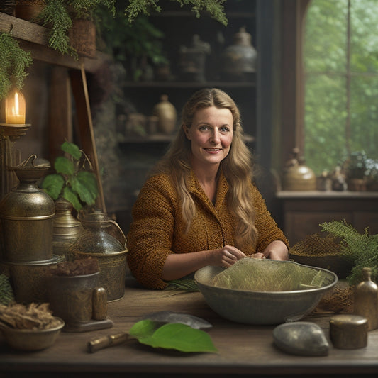 A warm, golden-lit portrait of Holly Prochaska surrounded by preserved artifacts, antique conservation tools, and lush greenery, conveying a sense of dedication and passion for preservation.