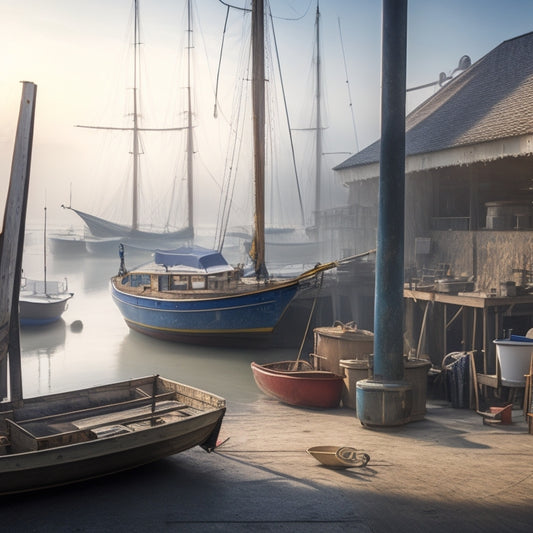 A serene, misty morning scene at a bustling boatyard: various sailboats and yachts in mid-construction, surrounded by scattered tools, wooden planks, and pulleys, with a faint hint of blueprints in the background.