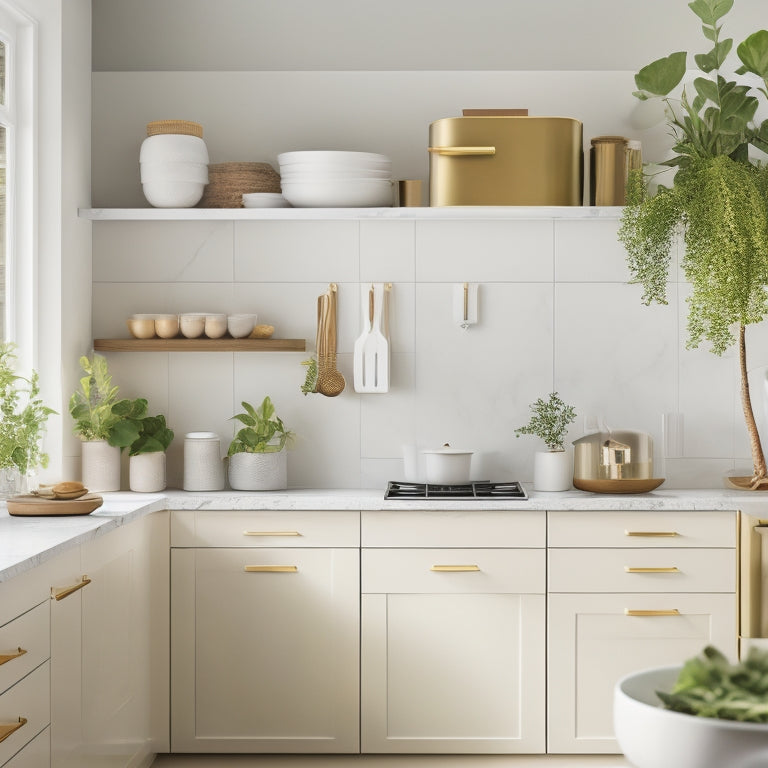 A minimalist, modern kitchen with sleek white cabinets, soft golden lighting, and a pop of greenery; perfectly organized contents, such as cookbooks, jars, and utensils, are artfully arranged within.