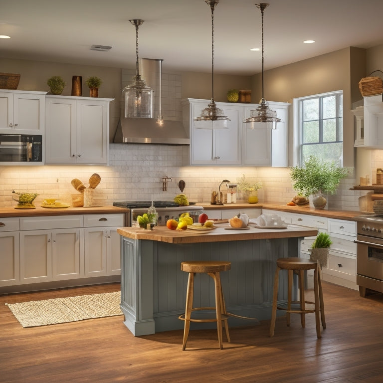 A warm, well-lit kitchen with ample counter space, a large center island, and a mix of open shelving and cabinets, featuring a stainless steel range, farmhouse sink, and pendant lighting.