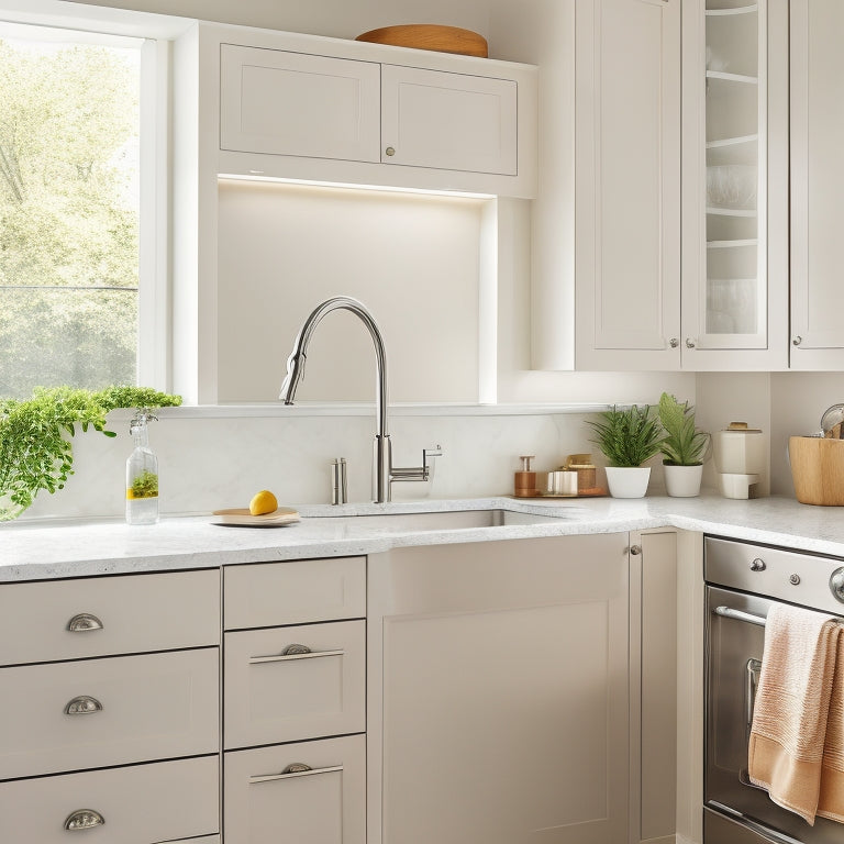 A bright, modern kitchen with cream-colored cabinets, stainless steel faucet, and white countertops, featuring a TRINITY Sliding Undersink Organizer with three-tiered sliding drawers and a sleek chrome handle.