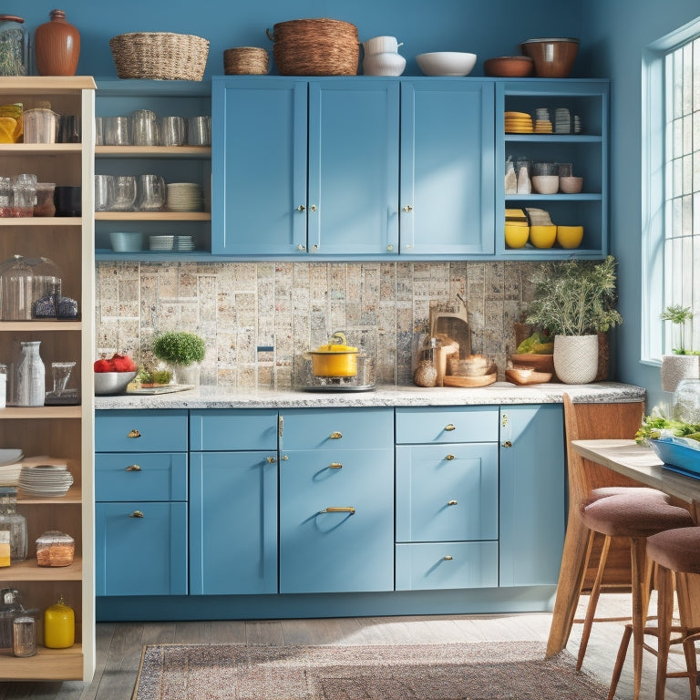 A bright, modern kitchen with open cabinets displaying colorful cookbooks and decorative vases, alongside a mix of glass-front and soft-close drawers, and a pull-out spice rack and trash can.