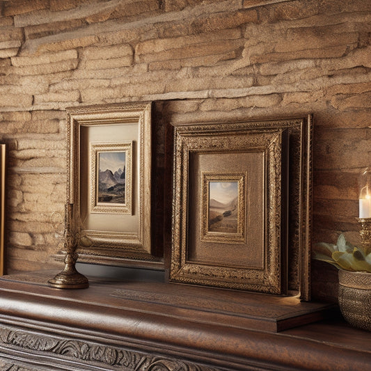 A horizontal wooden ledge with three rectangular picture frames of varying sizes, adorned with ornate gold molding, sitting atop a rustic wooden wall with exposed brick accents.