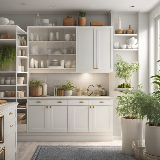 A well-lit, modern kitchen with a sleek, white pantry cabinet against a light gray wall, with a few open doors revealing organized shelves, surrounded by a few decorative vases and plants.