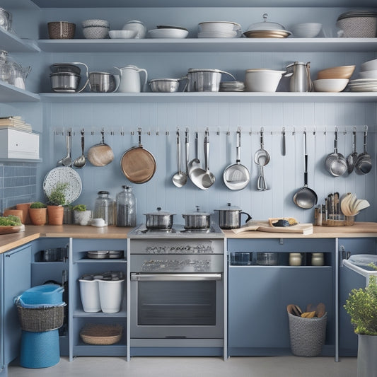 A cluttered rental kitchen with pots and pans stacked haphazardly, utensils spilling out of drawers, and a messy countertop, contrasted with a customized storage solution featuring sleek cabinets, labeled baskets, and a tidy workspace.