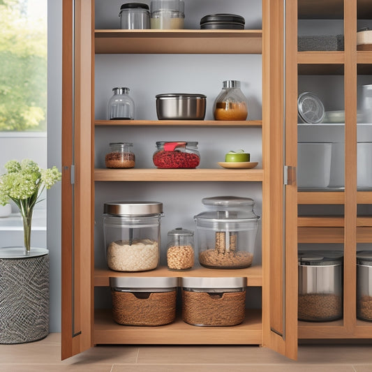 A clutter-free corner cabinet with a lazy Susan, assorted lid organizers, and a tiered storage system, showcasing a mix of glass, stainless steel, and wooden lids in a warm, modern kitchen.