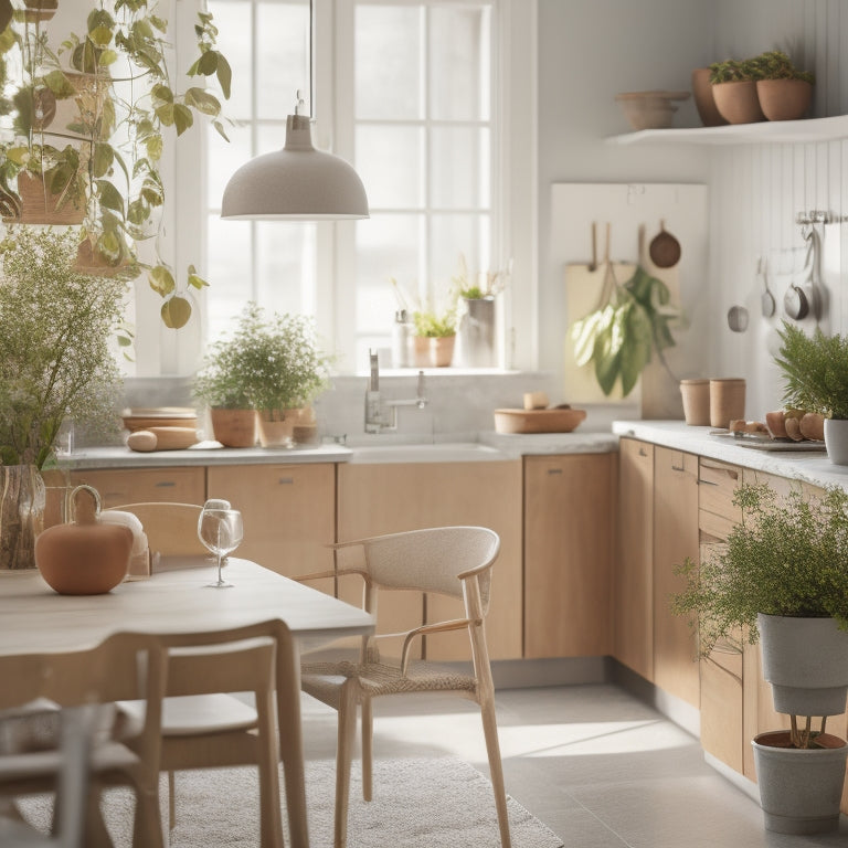 A serene kitchen interior with soft, warm lighting, featuring a minimalist wooden table, a few potted plants, and a few carefully placed utensils on a sparse, white countertop.