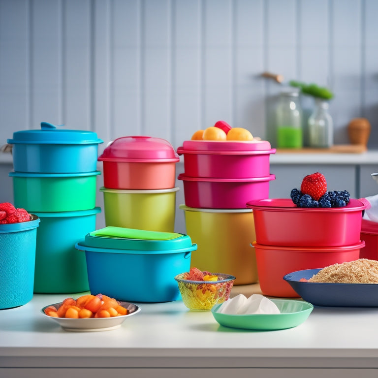 A tidy kitchen counter with 5-7 food containers in various shapes and sizes, each with a matching lid, stacked and arranged in a harmonious, color-coordinated pyramid.