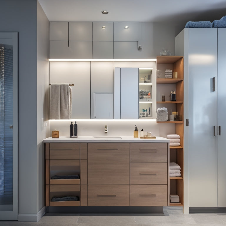 A modern bathroom with a sleek, wall-mounted cabinet featuring pull-out drawers, a recessed medicine cabinet with LED lighting, and a floor-to-ceiling storage unit with adjustable shelves.