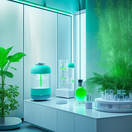 A futuristic, minimalist skincare laboratory with sleek glass tables, gleaming metal equipment, and vibrant greenery, surrounded by glowing orbs of light, evoking innovation and cutting-edge technology.