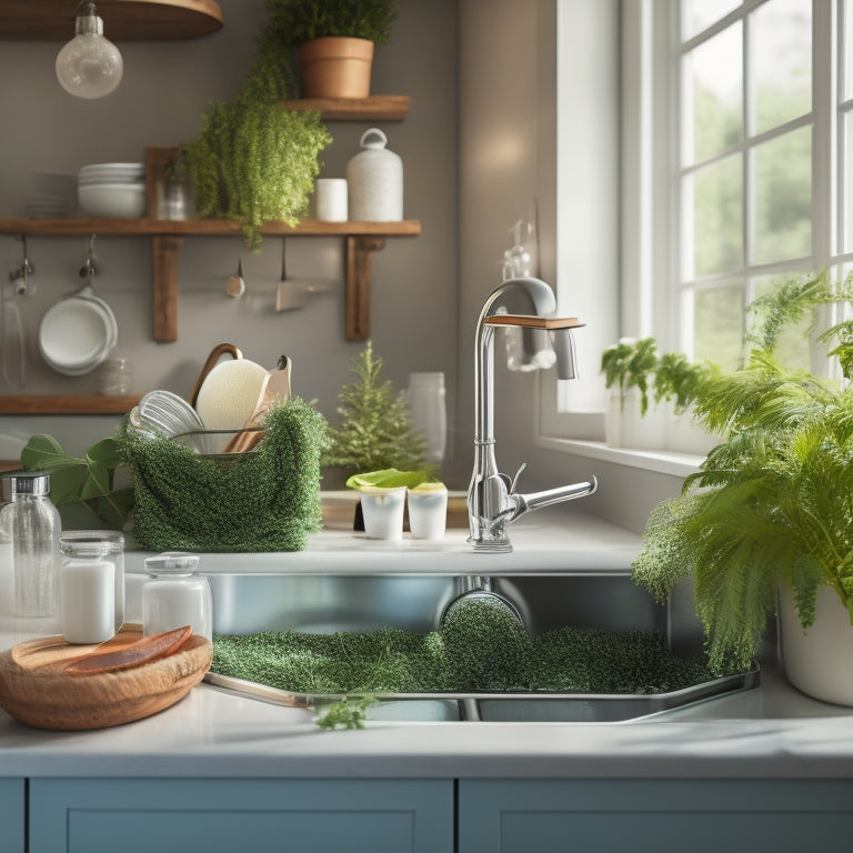 A sparkling clean kitchen sink with a stack of spotless dishes, a shining faucet, and a few strategically placed soap bubbles, surrounded by a tidy dish rack and a few greenery sprigs.