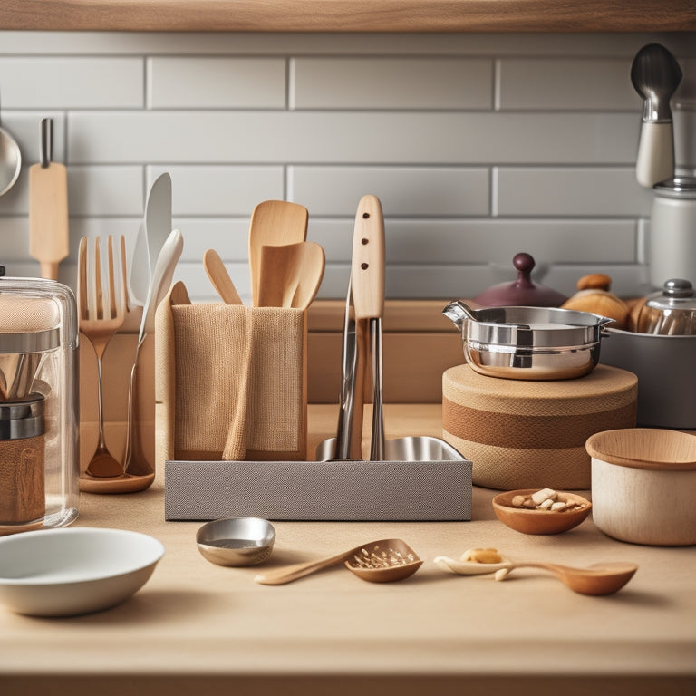 A tidy kitchen counter with a wooden utensil organizer, holding a chef's knife, silicone spatula, and wooden spoons, alongside a drawer with dividers containing a tea infuser, garlic press, and measuring cups.