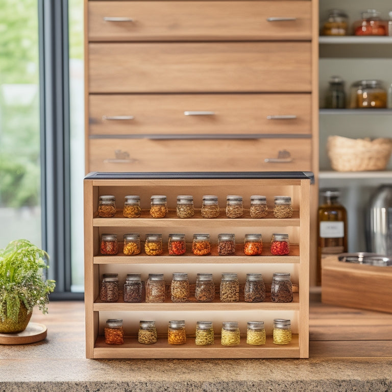 A tidy, modern spice drawer with 12-15 glass jars of varying sizes, each with a different spice, arranged on a wooden or bamboo organizer with separate compartments.