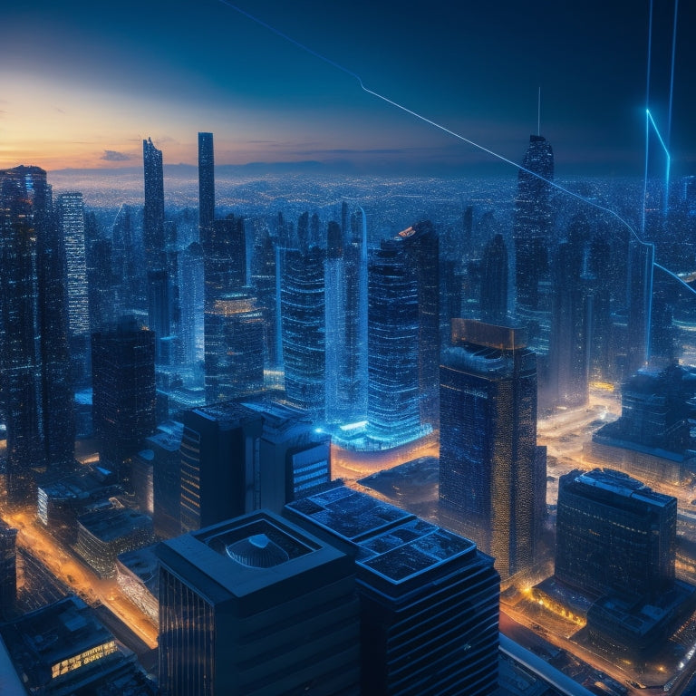 A futuristic cityscape at dusk with a glowing Windows Server logo at the center, surrounded by towering skyscrapers and a network of sparkling blue circuits and wires.