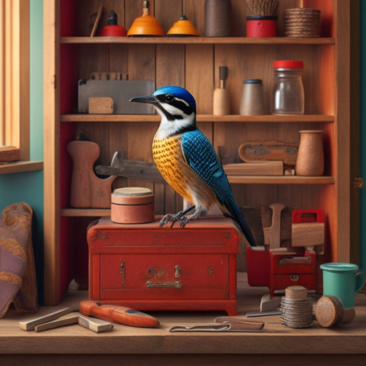 A whimsical illustration of a woodpecker wearing a tool belt and holding a miniature cabinet, surrounded by scattered woodworking tools and cabinet parts, amidst a subtle background of wood grain patterns and subtle hardware textures.