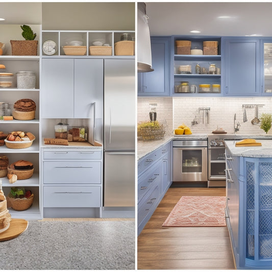 A bright, modern kitchen featuring a prominent gluten-free baking station with a separate countertop, a dedicated vegan fridge section, and a well-organized pantry with labeled shelves and baskets.