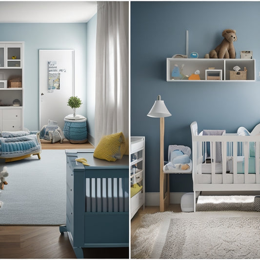 A split-screen image featuring a minimalist nursery with a few essential baby items, such as a crib, changing table, and baby monitor, alongside a cluttered, overwhelming space filled with unnecessary gadgets.