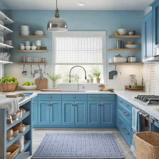 A bright, modern kitchen with sleek cabinets, a large island, and a pegboard with hanging utensils, baskets, and a few strategically placed hooks, surrounded by clutter-free countertops and a clean floor.