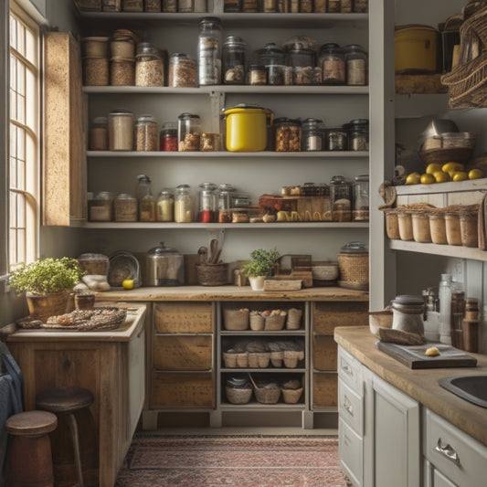 A cluttered kitchen with a tall, narrow cabinet featuring a small shelf near the ceiling, surrounded by unused space, alongside a similarly underutilized pantry with a single, lonely spice jar.