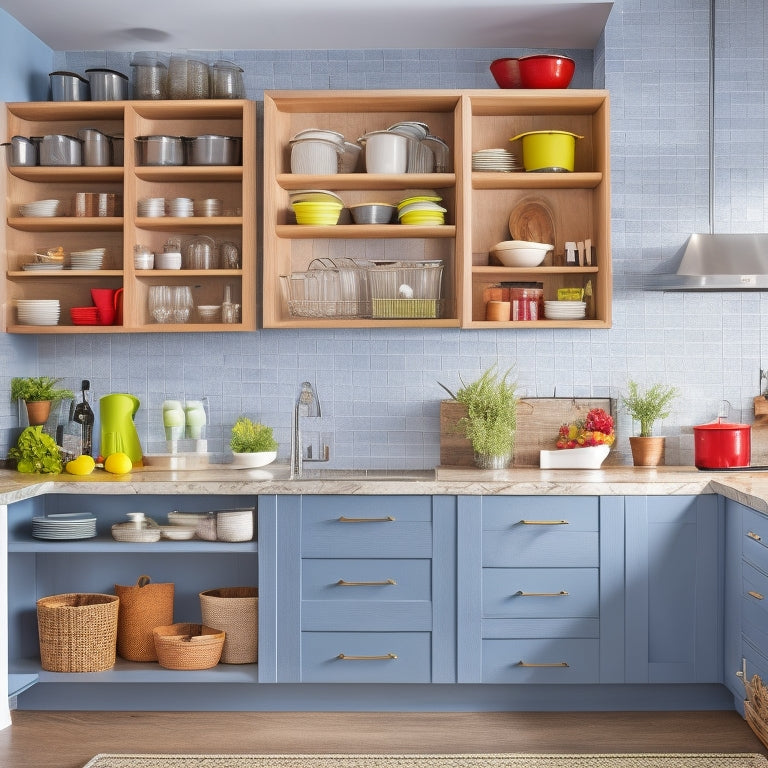 A bright, modern kitchen with sleek countertops, featuring a mix of open shelving, cabinets, and drawers, showcasing optimally organized cookware, utensils, and ingredients in stylish containers and baskets.